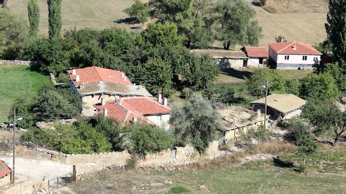 an aerial view of a house surrounded by trees